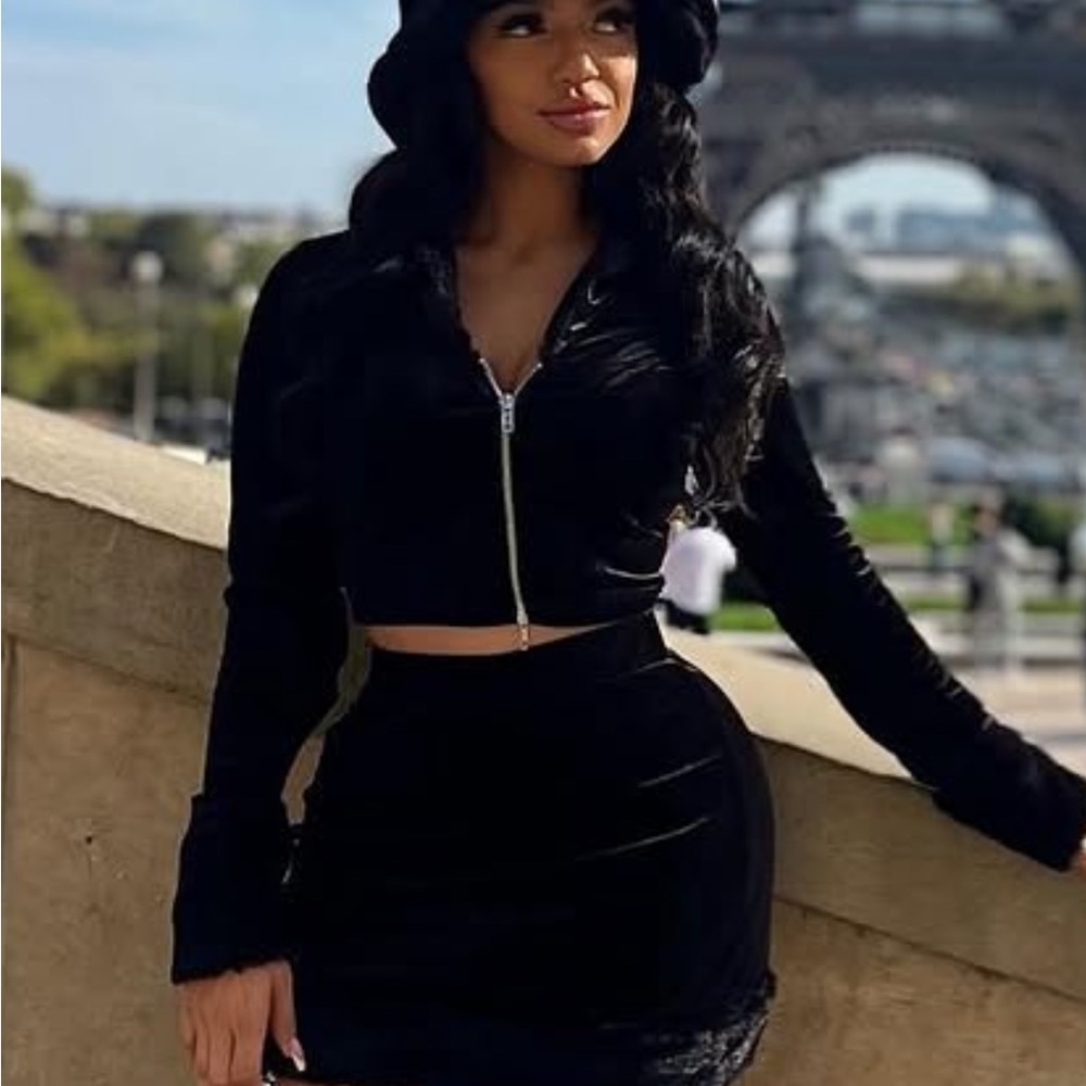 Velvet Two-Piece Zip Crop Top and Mini Skirt Set - Black
